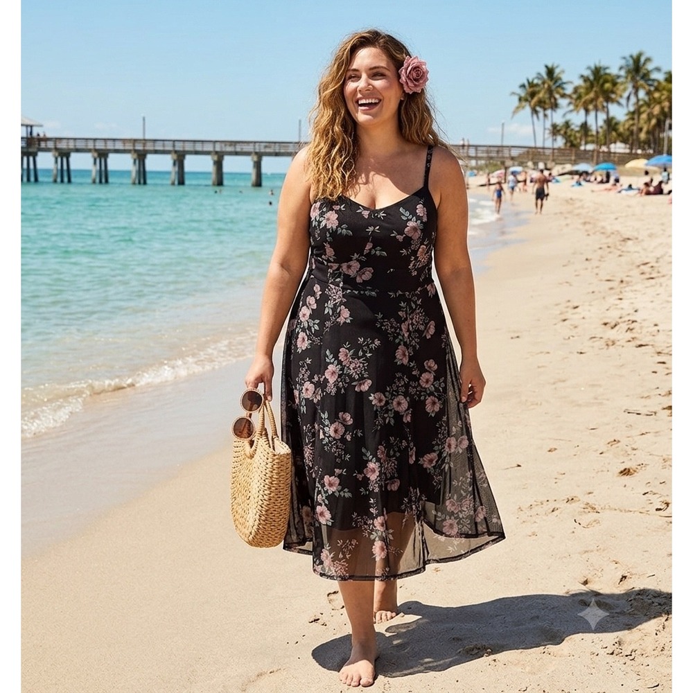Torrid Black Floral Mesh Midi Dress tropical boho summer Sleeveless Plus Size 4